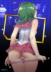  1girl anus artist_name bare_shoulders blush breasts clothes_lift embarrassed eyebrows_visible_through_hair eyes_visible_through_hair female_pubic_hair green_hair hair_bun highres looking_back medium_breasts mibry_(phrysm) mizuki_kotori_(yu-gi-oh!) panties panty_pull pink_skirt pubic_hair pussy pussy_juice red_eyes school_uniform skirt underwear undressing yu-gi-oh! yu-gi-oh!_zexal 