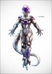  1boy artist_name closed_mouth dragon_ball dragon_ball_z frieza full_body gradient gradient_background grey_background k-suwabe lips looking_at_viewer male_focus red_eyes smile solo tail 