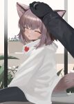  1girl 1other ahoge animal_ears arknights bangs black_gloves black_legwear blush brown_hair closed_eyes doctor_(arknights) dokomon eyebrows_visible_through_hair facing_viewer fox_ears fox_girl fox_tail from_side gloves hair_between_eyes headpat highres jacket long_sleeves out_of_frame pantyhose parted_lips sitting solo_focus sussurro_(arknights) tail white_jacket 