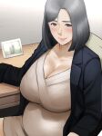  1girl black_hair breasts cleavage dress highres jacket large_breasts lipstick makeup mature_female mole mole_under_mouth original photo_(object) pregnant short_hair sitting solo special_g_(spg) 