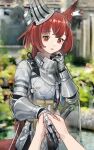  1girl absurdres animal_ears arknights armor bangs blurry blurry_background cape commentary_request cowboy_shot eyebrows_visible_through_hair flametail_(arknights) hand_up hands highres holding_hands knight light_blush light_smile looking_at_viewer red_eyes red_hair solo squirrel_ears squirrel_girl squirrel_tail sword tail tilted_headwear weapon welt_(kinsei_koutenkyoku) 