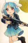  1girl ahoge ak-47 animal_ears assault_rifle black_jacket black_legwear blazer blue_hair blue_skirt blush brown_footwear collared_shirt commentary crying crying_with_eyes_open eyebrows_visible_through_hair floppy_ears gun highres jacket kalashnikov_rifle kneeling loafers maa_(forsythia1729) marker_(medium) necktie open_mouth rabbit_ears rabbit_girl red_necktie reisen_(touhou_bougetsushou) rifle shirt shoes short_hair skirt tears touhou traditional_media weapon white_sky worried 