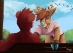  aiofluff anthro antlers bench bottomwear cervid clothing crop_top detailed_background duo grope hi_res hooves horn hyaenid male male/male mammal park park_bench plant red_body shirt shorts topwear tree 