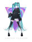  1055 1girl absurdres aqua_eyes aqua_hair black_footwear black_legwear black_shirt black_skirt blue_eyes closed_mouth clothes_writing clothing_cutout cross-laced_footwear english_text frown full_body hair_between_eyes hair_ornament hatsune_miku highres legs_apart long_hair long_sleeves looking_at_viewer miniskirt necktie_print pigeon-toed pleated_skirt print_legwear shirt shoes skirt sleeves_past_fingers sleeves_past_wrists sneakers solo standing t-shirt thighhighs triangle twintails two-tone_skirt unzipped very_long_hair vocaloid white_background wide_sleeves zettai_ryouiki 