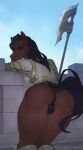  2022 anthro anus armor artist_name bardiche black_hair bottomless breastplate butt clothed clothing equid equine female genitals hair hi_res horse kate_starling leaning leaning_forward long_hair looking_at_viewer mammal melee_weapon polearm puffy_anus pussy solo thick_thighs weapon 