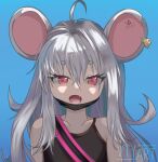  1girl ahoge animal_ears artist_name bangs blue_archive crop_top dot_nose eyebrows_visible_through_hair fang hidanvt highres long_hair looking_at_viewer mouse_ears mouse_girl open_mouth red_eyes saya_(blue_archive) saya_(casual)_(blue_archive) 