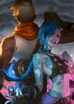  1boy 1girl arcane:_league_of_legends arcane_jinx arm_tattoo asymmetrical_bangs back-to-back bangs bare_shoulders belt blue_nails braid breasts brown_belt brown_gloves brown_pants brown_shirt cloud cloud_tattoo cloudy_sky dark-skinned_male dark_skin ekko_(league_of_legends) explosive fingerless_gloves firelight_ekko gloves grenade holding holding_grenade holding_weapon jinx_(league_of_legends) league_of_legends long_hair medium_breasts mouth_hold nail_polish navel pale_skin pants pink_nails riyuno shirt shoulder_tattoo sky smile stomach stomach_tattoo tattoo twin_braids twintails weapon white_shirt 