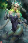  1girl animal_ears battle_cat_jinx breasts elbow_gloves facial_mark fake_animal_ears gloves green_eyes jinx_(league_of_legends) kneeling league_of_legends leotard lips long_hair looking_at_viewer medium_breasts olesyaspitz pantyhose paw_tattoo rocket_launcher shoulder_tattoo solo tattoo tongue tongue_out weapon web_address whisker_markings white_hair 