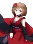  1girl :3 brown_eyes brown_hair choker detached_sleeves flower hair_flower hair_ornament highres japanese_clothes kalm3535 meiko meiko_(vocaloid3) short_hair smile solo vocaloid white_background 