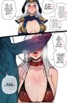  1boy 1girl ashe_(league_of_legends) blush breasts cleavage collar colored_skin hard_translated highres league_of_legends leash long_hair looking_at_viewer open_mouth penis_awe penis_on_face ratatatat74 see-through silver_hair source_request third-party_edit tongue tongue_out white_hair white_skin 