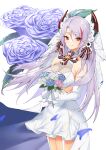  1girl absurdres azur_lane bare_shoulders blue_flower blue_rose bouquet breasts bridal_veil commentary_request dress elbow_gloves flower gloves hair_ornament highres holding holding_bouquet large_breasts long_hair looking_at_viewer multicolored_hair nukege_ojisan pink_flower pink_rose prinz_eugen_(azur_lane) prinz_eugen_(symphonic_fate)_(azur_lane) red_eyes red_hair rose short_dress silver_hair smile solo streaked_hair veil wedding_dress white_dress white_flower white_gloves white_rose 