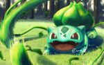  blurry bright_pupils bulbasaur claws commentary_request day fangs grass leaf leaves_in_wind motion_blur natako_(emhy2352) no_humans open_mouth outdoors plant pokemon pokemon_(creature) red_eyes solo tongue tree vines white_pupils 