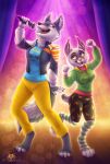  anthro arctic_wolf bottomwear canid canine canis clothing digitigrade dolphydolphiana duo felid feline female illumination_entertainment jacket lynx mammal microphone nooshy porsha_crystal shorts sing_(movie) singing sweatshirt topwear wolf 