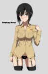  1girl ass_visible_through_thighs bangs black_hair black_legwear black_panties breasts brown_eyes brown_shirt character_name cleavage closed_mouth collarbone collared_shirt cropped_legs dress_shirt garter_straps grey_background hair_between_eyes highres long_sleeves looking_at_viewer medium_breasts panties petriana_stead ra-pen shiny shiny_hair shirt short_hair simple_background smile solo standing straight_hair strike_witches thighhighs underwear wing_collar world_witches_series 