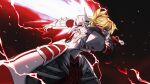  1girl absurdres armor armored_dress black_background blonde_hair braid clarent_(fate) fate/apocrypha fate/grand_order fate_(series) french_braid from_side gauntlets green_eyes highres ladymelt lightning looking_at_viewer mordred_(fate) mordred_(fate/apocrypha) open_mouth red_scrunchie scrunchie solo teeth tongue 