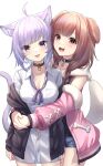  2girls :d :p ahoge animal_ear_fluff animal_ears bangs black_choker black_jacket blush braid breasts brown_eyes brown_hair cat_ears cat_girl cat_tail choker cleavage collared_shirt cowboy_shot dog_ears dog_girl eyebrows_visible_through_hair fang highres hololive hug hug_from_behind inugami_korone jacket long_hair long_sleeves looking_at_viewer medium_breasts multiple_girls neck_ribbon nekomata_okayu off_shoulder open_clothes open_jacket pink_jacket puffy_long_sleeves puffy_sleeves purple_eyes purple_hair purple_ribbon ribbon shirt short_hair simple_background smile standing tail tongue tongue_out tsurupy twin_braids virtual_youtuber white_background white_shirt 