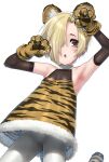  1girl alternate_costume animal_costume animal_ears animal_hands animal_print armpits ass_visible_through_thighs blonde_hair chinese_zodiac detached_sleeves ear_piercing earrings fang gengorou gloves hair_over_one_eye idolmaster idolmaster_cinderella_girls jewelry looking_at_viewer pantyhose paw_gloves paw_pose piercing red_eyes shirasaka_koume short_hair simple_background skin_fang skindentation solo tail tiger_costume tiger_ears tiger_paws tiger_print tiger_tail white_background white_legwear year_of_the_tiger 