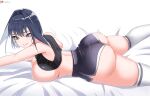  1girl armpits ass bangs blue_eyes blue_hair breasts highres hololive hololive_english huge_ass huge_breasts legs lying narrow_waist ninochuu o22no on_stomach ouro_kronii smile socks solo sports_bra teeth thick_thighs thighs virtual_youtuber 