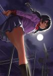  1girl absurdres arms_behind_back bangs bent_over black_hair black_legwear blush braid breasts closed_mouth cloud commentary feet_out_of_frame from_behind from_below full_moon glasses hanekawa_tsubasa highres large_breasts leaning_forward long_hair long_sleeves looking_at_viewer monogatari_(series) moon moonlight naoetsu_high_school_uniform night night_sky outdoors own_hands_together pink_shirt pleated_skirt power_lines puffy_sleeves purple_eyes purple_skirt railroad_crossing railroad_signal ribbon round_eyewear school_uniform shirt skindentation skirt sky smile socks solo twin_braids yellow_ribbon zyaki 