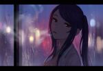  1girl breasts chinese_commentary cigarette cleavage collarbone commentary commentary_request highres indoors jill_stingray large_breasts long_hair looking_at_viewer night parted_lips ponytail purple_eyes rain red_eyes selcky shirt smoking solo upper_body va-11_hall-a white_shirt window 
