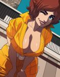  1girl april_o&#039;neil belt bent_over blue_sky breasts brown_hair brown_lips cleavage collarbone curvy day english_commentary exmile freckles from_below grin hands_on_own_thighs highres huge_breasts jumpsuit looking_at_viewer mismatched_eyebrows one_eye_closed open_jumpsuit partially_unbuttoned plunging_neckline short_hair short_sleeves sky smartwatch smile solo teenage_mutant_ninja_turtles thick_eyebrows white_belt yellow_jumpsuit 