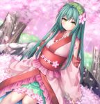  1girl bangs blush brown_eyes cherry_blossoms closed_mouth eyebrows_visible_through_hair flower green_hair green_hairband green_skirt hair_between_eyes hairband highres japanese_clothes kimono long_hair looking_at_viewer murano obi petals pink_flower pink_kimono pleated_skirt sash skirt solo touhoku_zunko tree very_long_hair voiceroid 