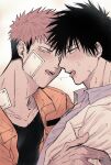  2boys after_kiss arm_grab bandage_on_face bandages black_hair black_shirt blush brown_eyes collarbone collared_shirt commentary_request facial_mark fushiguro_megumi fushirun_rung green_eyes highres itadori_yuuji jacket jujutsu_kaisen labcoat long_sleeves looking_at_another male_focus multicolored_hair multiple_boys orange_jacket purple_shirt saliva saliva_trail shirt short_hair spiked_hair two-tone_hair undercut upper_body yaoi 