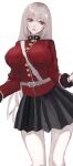  1girl bangs belt black_skirt breasts ccchamanccc florence_nightingale_(fate) gloves highres large_breasts long_hair looking_down military military_uniform parted_lips pink_hair pleated_skirt red_eyes skirt solo uniform 
