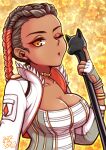  1girl apex_legends braid breasts brown_eyes brown_hair cleavage collarbone corset cropped_jacket dark-skinned_female dark_skin dated eyeshadow fingerless_gloves fur_trim gloves hair_behind_ear highres holding holding_staff jacket loba_(apex_legends) looking_to_the_side makeup medium_breasts one_eye_closed red_eyeshadow red_hair ryo_(rosebud) solo staff twin_braids upper_body white_gloves white_jacket yellow_background 