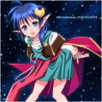  1girl blue_eyes blue_hair cape crescent crescent_hair_ornament hair_ornament looking_at_viewer open_mouth pointy_ears red_cape rena_lanford short_hair skirt smile solo space star_ocean star_ocean_the_second_story 