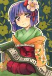  1girl closed_mouth commentary_request eyebrows_visible_through_hair floral_print flower green_kimono hair_flower hair_ornament happy head_tilt hieda_no_akyuu highres japanese_clothes kimono long_sleeves looking_at_viewer maa_(forsythia1729) marker_(medium) purple_eyes purple_hair red_sash red_skirt sash scroll short_hair skirt smile touhou traditional_media white_flower wide_sleeves yellow_kimono 