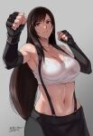  1girl angle bangs black_hair breasts cleavage clenched_hands detached_sleeves final_fantasy fingerless_gloves gloves grey_background highres lips long_hair looking_ahead navel perspective red_eyes serious sgk shiny shiny_skin signature stomach strap sweat sweaty_clothes tank_top tifa_lockhart wet white_tank_top 