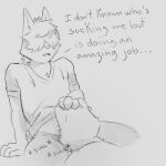  anthro bottomless clothed clothing covered_eyes dialogue domestic_cat duo felid feline felis fellatio gato_matero gato_matero_(character) hair hair_over_eyes hand_on_head hi_res humor male male/male mammal open_mouth oral penile sex shirt shirt_only topwear topwear_only 