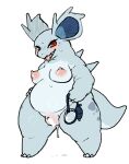  2022 ambiguous_fluids anthro anthrofied blue_body blue_scales blush bodily_fluids censor_bar censored clitoris drooling erect_nipples female full-length_portrait genitals hi_res looking_at_viewer nidorina nintendo nipples overweight overweight_anthro overweight_female pok&eacute;mon pok&eacute;mon_(species) portrait puffy_nipples red_eyes saliva scales solo sweat tokumori_kaisen video_games wide_hips 