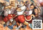  6+boys animal_ears bara black-framed_eyewear bulge dolphin_shorts dust furry furry_male glasses headphones highres kumahachi large_pectorals male_focus multiple_boys muscular muscular_male original pectorals red_shorts running shirt shoes short_hair shorts shouting sideburns sidepec tail tank_top tiger_boy tiger_ears tiger_tail wet wet_clothes wet_shirt white_shirt white_tank_top 