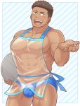 1boy :d abs aopanda apron bara blue_male_swimwear blush brown_eyes brown_hair bulge collarbone cowboy_shot fang hand_up highres holding holding_tray large_pectorals looking_at_viewer male_focus male_swimwear manboobs muscular muscular_male navel nipples open_hand open_mouth original outside_border pectorals see-through short_hair smile solo standing striped striped_background sweat swim_briefs tray 