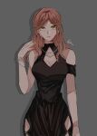  1girl bare_shoulders black_dress breasts brown_hair cleavage closed_mouth dress green_eyes grey_background hair_ornament highres long_hair looking_at_viewer qeanoya rosa_(tears_of_themis) simple_background sleeveless sleeveless_dress smile solo tears_of_themis 