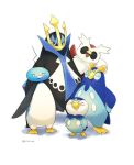  beak bird blush delibird eiscue eiscue_(noice) empoleon hands_on_hips no_humans open_mouth penguin piplup pokemon pokemon_(creature) prinplup sack simple_background smile trait_connection uin6uad waving 