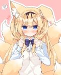  1girl :&lt; animal_ears bangs blonde_hair blue_eyes blue_shirt blush bow breasts collared_shirt commentary_request dress_shirt eyebrows_visible_through_hair fox_ears fox_girl fox_tail hair_between_eyes hands_up highres holding holding_hair kitsune long_hair looking_at_viewer notice_lines original outline parted_lips pink_background purinpurin purple_bow shirt short_eyebrows small_breasts solo spoken_squiggle squiggle sweater_vest tail thick_eyebrows triangle_mouth twitter_username two_side_up upper_body very_long_hair white_outline 