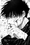  1boy bangs bleeding blood blood_on_face blood_on_hands bruise bruise_on_face buttons cuts fushiguro_megumi fushirun_rung hand_up high_collar highres injury jacket jujutsu_kaisen long_sleeves looking_to_the_side monochrome school_uniform short_hair solo spiked_hair upper_body wiping_nose 
