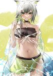  1girl animal_ear_fluff animal_ears arknights bandeau bangs bare_shoulders black_choker blush breasts cat_ears chinese_commentary choker commentary_request cowboy_shot eyebrows_visible_through_hair food food_on_face green_eyes green_skirt grin hair_between_eyes hand_up highres holding holding_food jewelry kal&#039;tsit_(arknights) looking_at_viewer midriff miniskirt navel necklace off_shoulder see-through short_hair skirt small_breasts smile solo standing stomach strapless tabayashi tube_top white_hair 