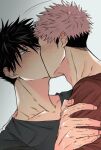  2boys arm_grab bangs black_hair black_shirt blush collarbone commentary_request fushiguro_megumi fushirun_rung green_eyes hair_between_eyes itadori_yuuji jujutsu_kaisen kiss long_sleeves looking_at_another male_focus multicolored_hair multiple_boys pink_hair red_shirt shirt short_hair spiked_hair sweat two-tone_hair undercut yaoi 