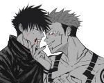  2boys chest_tattoo commentary_request extra_eyes facial_tattoo fingernails fushiguro_megumi fushirun_rung green_eyes hand_on_another&#039;s_chin hand_on_another&#039;s_face high_collar highres jacket jujutsu_kaisen long_sleeves looking_at_another male_focus monochrome multiple_boys nail_polish red_eyes ryoumen_sukuna_(jujutsu_kaisen) scratches sharp_fingernails sharp_teeth short_hair shoulder_tattoo smirk spiked_hair spot_color sweatdrop tattoo teeth topless_male undercut upper_body yaoi 