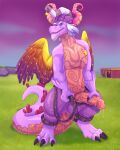  activision anthro baruti_(spyro) blue_eyes claws clothing dragon feathered_dragon feathered_wings feathers genitals grass hair hat headgear headwear hi_res horn klotzzilla male outside penis plant purple_body purple_clothing rescued_dragons_(spyro) scalie shadowpelt solo spyro_reignited_trilogy spyro_the_dragon video_games white_hair wings 
