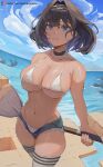  1girl bangs bare_shoulders bikini blue_eyes blue_shorts blue_sky breasts choker cleavage collarbone cutoffs denim denim_shorts grin hair_intakes head_chain hololive hololive_english large_breasts looking_at_viewer mirai_hikari navel ocean open_fly ouro_kronii short_hair short_shorts shorts sky smile solo swimsuit thighhighs thighs white_bikini white_legwear 