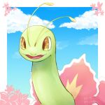  :3 animal_focus antennae artist_name blue_sky border cloud commentary day happy highres ka_ei_volltis looking_at_viewer meganium no_humans open_mouth outdoors outside_border pokemon pokemon_(creature) signature sky smile solo twitter_username upper_body white_border yellow_eyes 