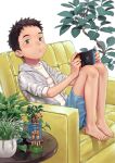  1boy b_gent bare_legs barefoot black_hair child closed_mouth commentary_request couch denim denim_shorts feet green_eyes handheld_game_console indoors jacket looking_at_viewer male_focus nintendo_switch original plant potted_plant shirt short_hair short_sleeves shorts simple_background sitting table toes toy white_background white_shirt 