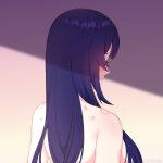  1girl absurdres back bare_shoulders genshin_impact hair_over_eyes highres long_hair mikumoreau nude purple_hair raiden_shogun scar simple_background very_long_hair 