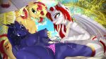  3d_(artwork) absurd_res anthro anthrofied big_breasts bikini blue_eyes blue_hair breast_grab breasts clothed clothing cosmic_hair digital_media_(artwork) dutch_angle equestria_girls equid equine ethereal_hair female female/female friendship_is_magic green_eyes group hair hand_on_breast hasbro hi_res horn huge_filesize loveslove lying mammal membrane_(anatomy) membranous_wings my_little_pony navel nude on_back outside princess_luna_(mlp) purple_body red_eyes side-tie_bikini smile spread_legs spreading sunset_shimmer_(eg) swimwear topless trio undressing unicorn white_body winged_unicorn wings yellow_body 