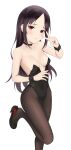  1girl absurdres black_choker black_hair black_legwear blush breasts choker cleavage collarbone coro_fae covered_navel forehead furrowed_brow hair_down hand_up high_heels highres kaguya-sama_wa_kokurasetai_~tensai-tachi_no_renai_zunousen~ long_hair looking_at_viewer medium_breasts pantyhose parted_lips red_eyes shinomiya_kaguya simple_background solo standing standing_on_one_leg straight_hair v white_background 